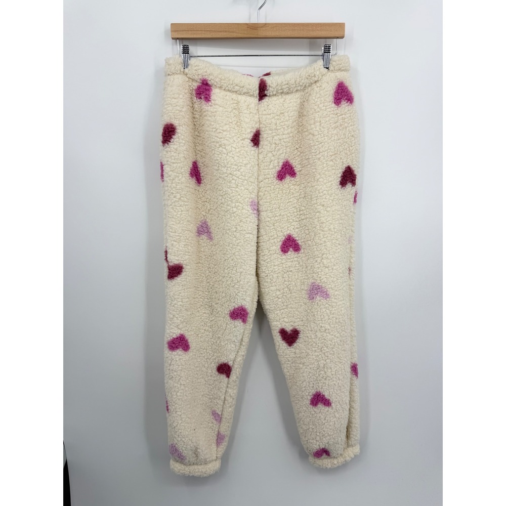 Splendid RLD0291 Heart Sherpa Fleece Joggers Women Large Cream Pink Cozy Lounge